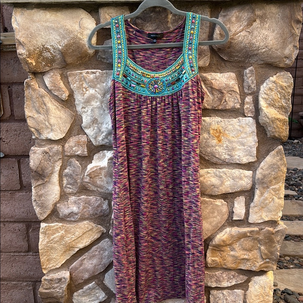 Spense Multicolored Midi Dress Beaded Sleeveless Stretch Size Medium